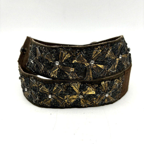 Vintage 00s Antik Batik Brown Genuine Leather Gold Sequins Rhinestone Belt 34\